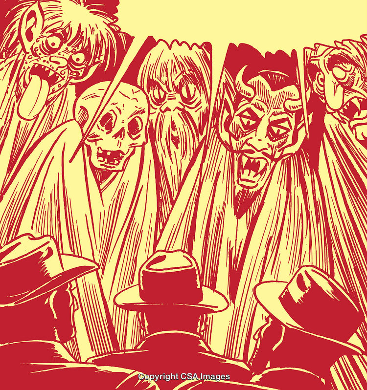 Illustration Depicting Horrified Characters and Suspenseful Observers in Vintage Style