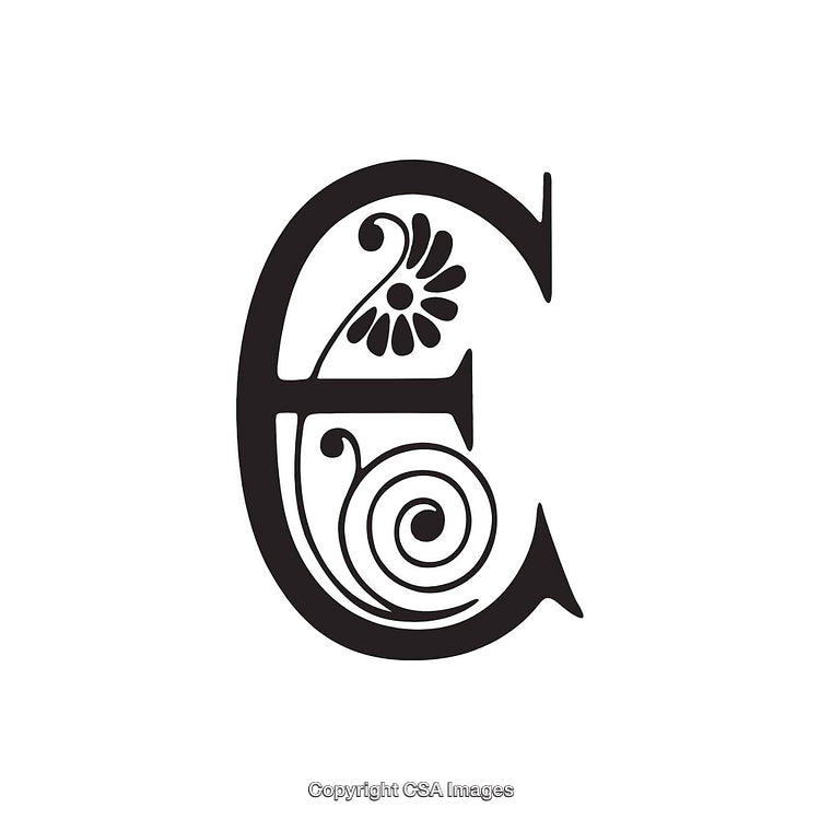 Ornate Decorative Letter E with Floral and Swirl Motif Design