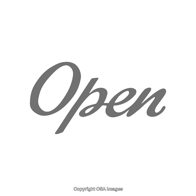 Black Open Sign in Elegant Script on White Background