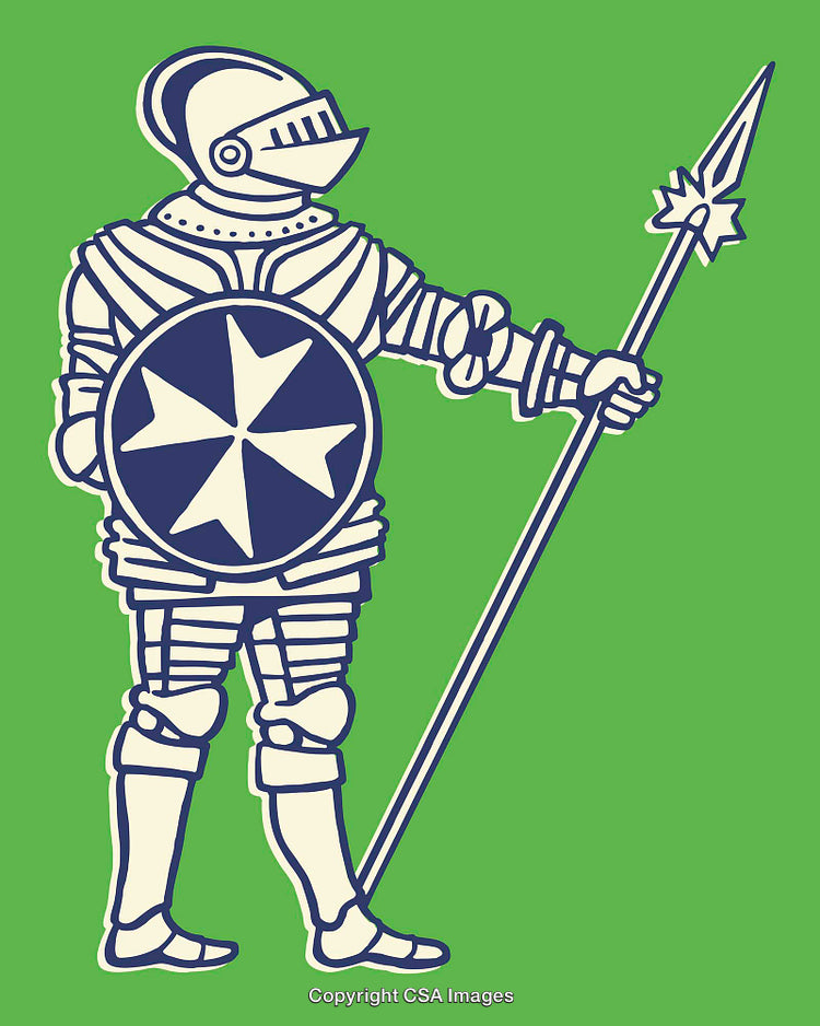 Illustration of a Knight in Full Armor Holding a Spear and Shield