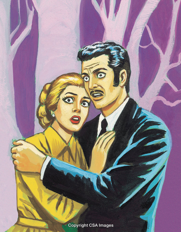 Young Couple in a Surreal Forest Expressing Fear and Drama
