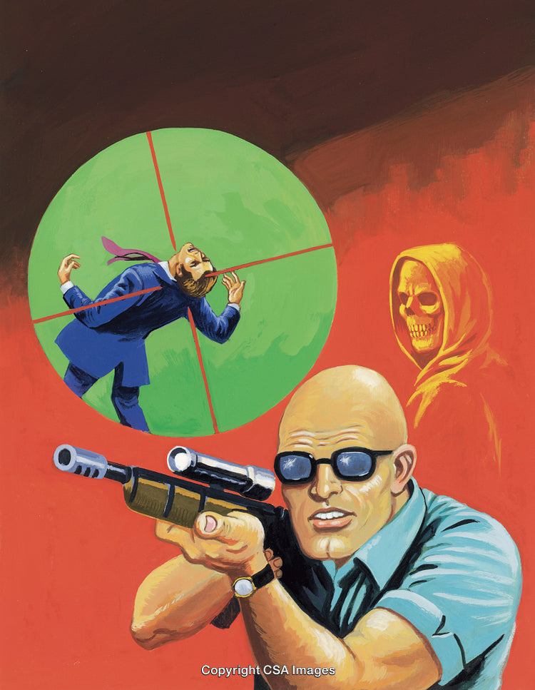 Bald Character Aiming Rifle With Target and Mysterious Hooded Figure