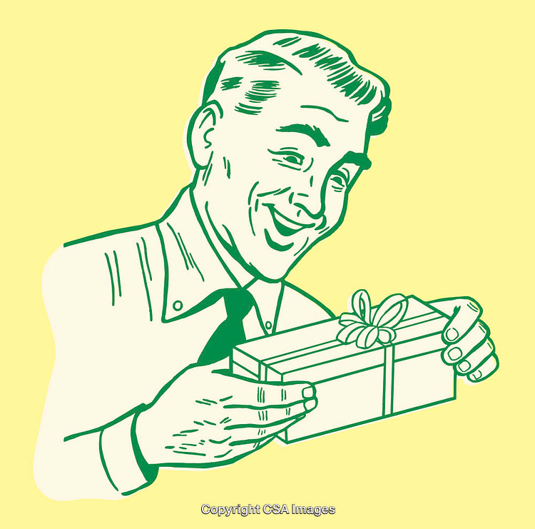 Retro Illustration of Man Holding a Gift Box on Yellow Background