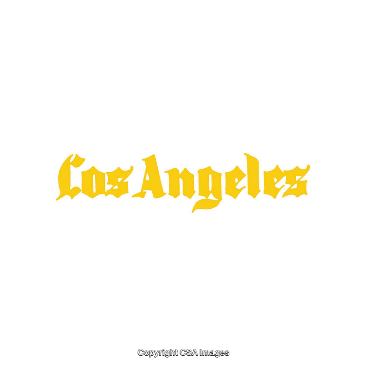 Stylized Los Angeles Yellow Text in Old English Font on White Background