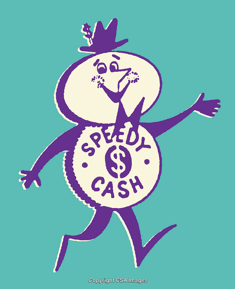 Vintage Speedy Cash Logo Featuring a Cheerful Cartoon Character Design