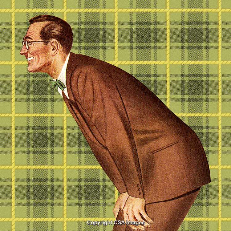 Vintage Illustration of Cheerful Man in Business Attire Against Plaid Background