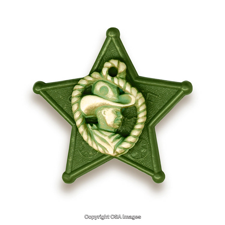 Green Sheriff Badge Shaped Toy With Cowboy Design and Rope Feature