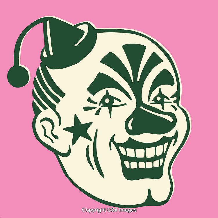 Vintage Clown Illustration on Pink Background with Playful Retro Style