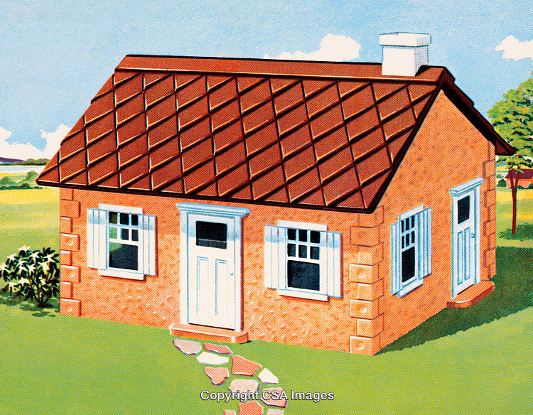 Charming Retro Cottage Illustration in a Lush, Scenic Countryside Setting