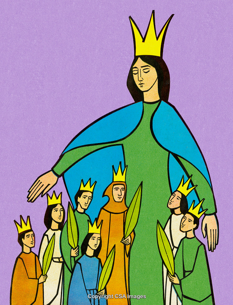 Illustration of Crowned Figures with Palms on a Vibrant Background