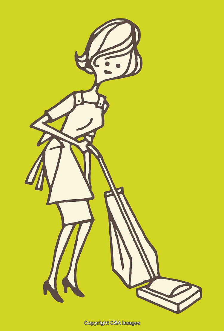 Retro Styled Illustration of a Woman Vacuuming in Yellow Background