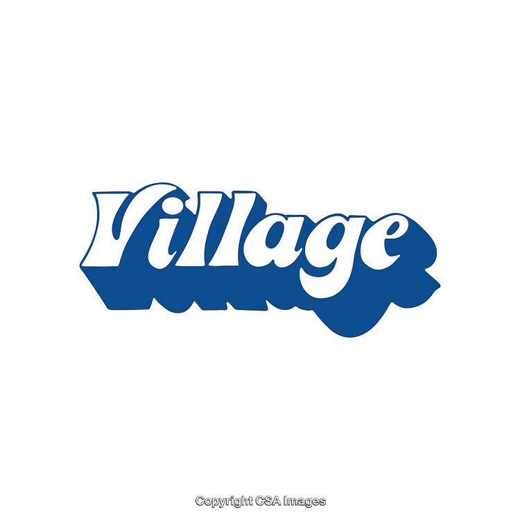 Blue Text Design with Village Theme on White Background