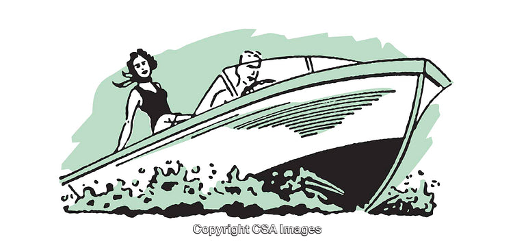 Retro Style Illustration of Man and Woman Boating on a Sunny Day
