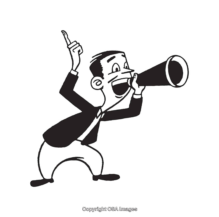 Black And White Cartoon Businessman Shouting Through a Megaphone