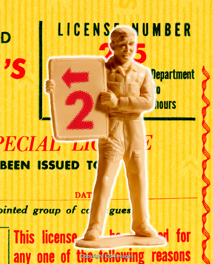 Vintage Toy Figure Displaying Directional Sign on License Background