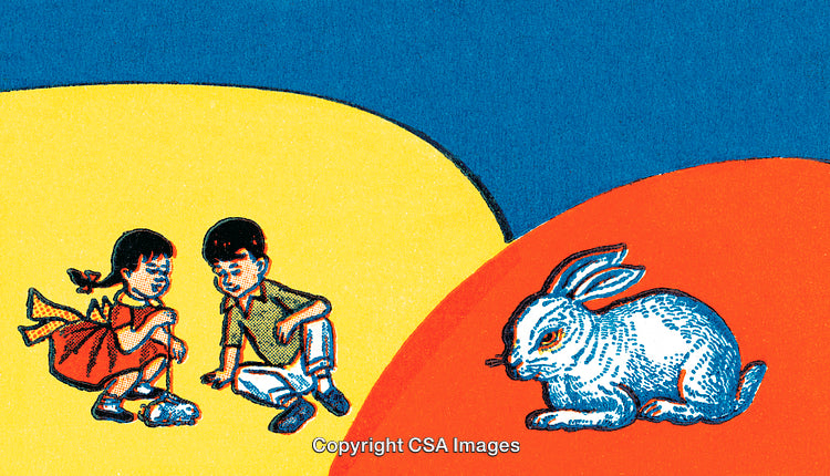 Children Observing Nature and Rabbit in Vibrant Background Illustration