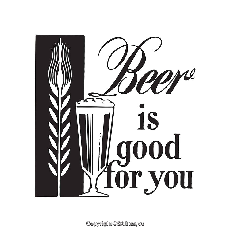 Black and White Graphic Promoting Beer with Decorative Elements and Text