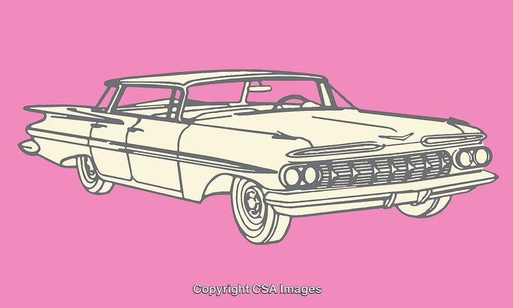 Classic Vintage Car Illustration with Pink Background in Line Art Style