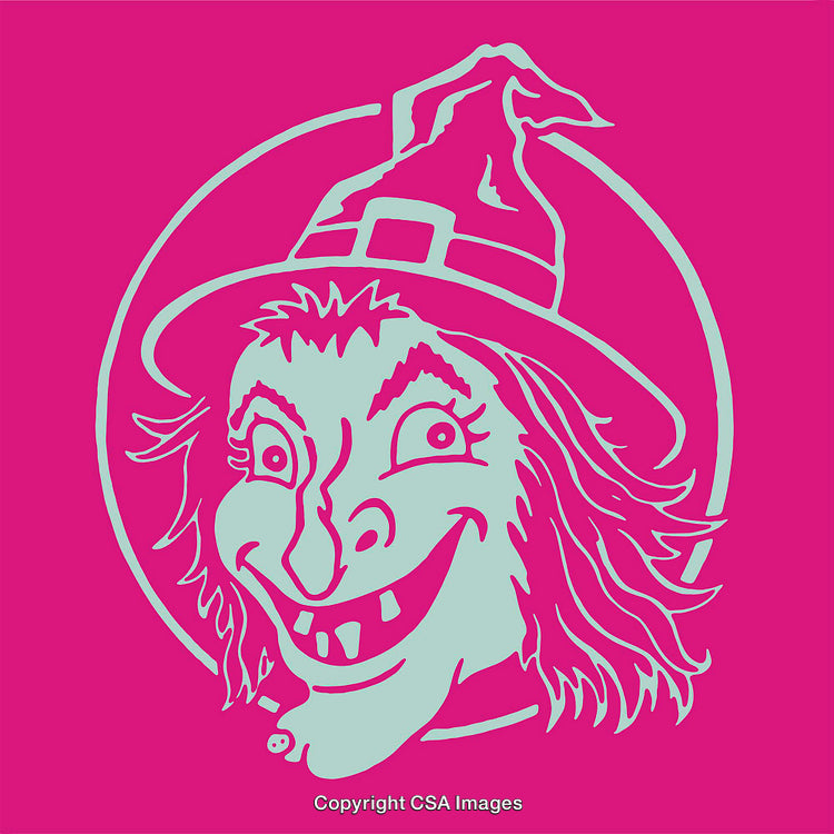 Vivid Witch Illustration in Vibrant Pink and Blue Line Art Style