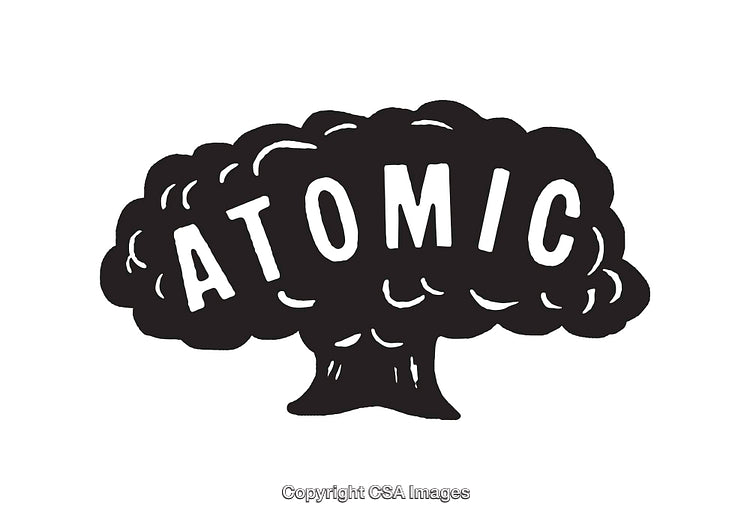Black and White Atomic Cloud with Stylized Text Illustration