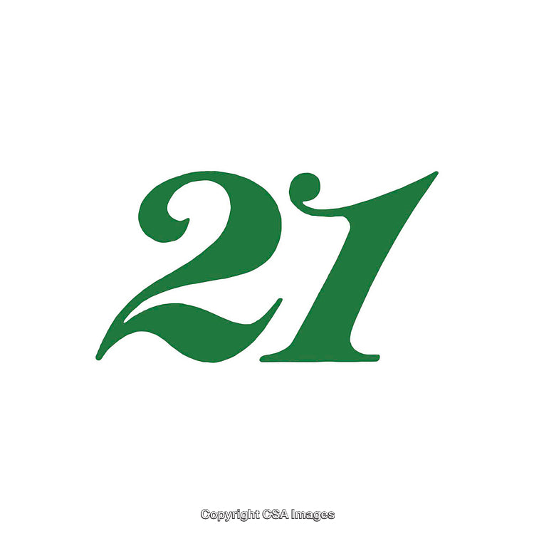 Artistic Green Number 21 Symbol on a White Background