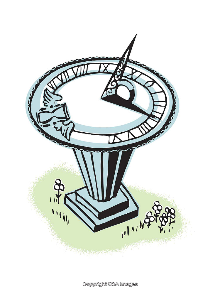 Illustration of a Sundial with Classic Roman Numerals and Ornamental Elements
