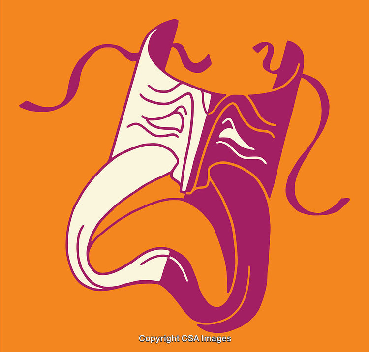 Illustration of a Theatrical Mask in Bold Orange and Purple Tones