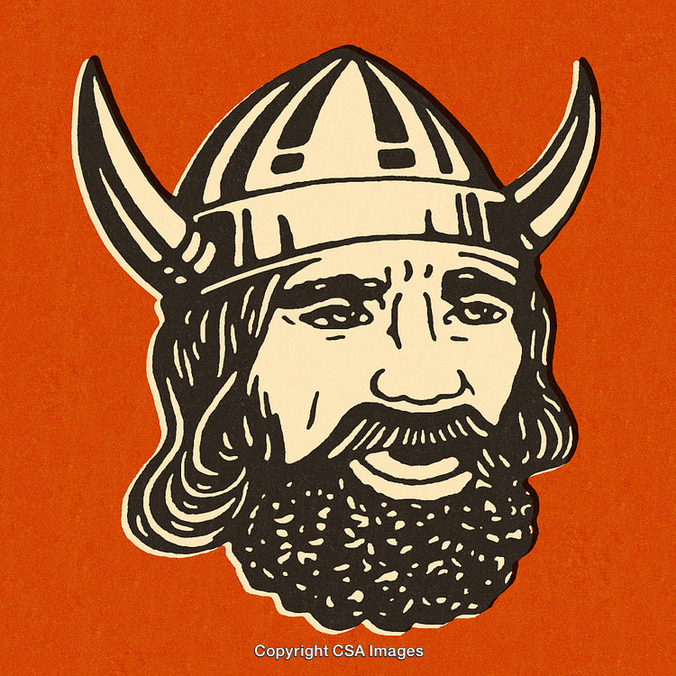 Illustration of a Viking Helmet and Bearded Face on Bold Orange Background