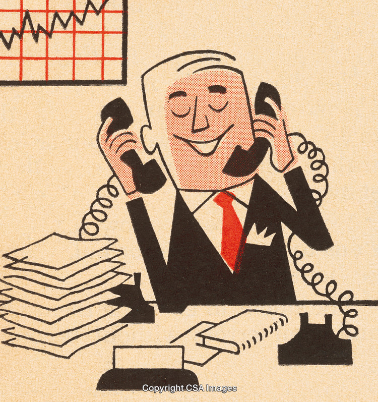 Retro Illustration of Businessman Working at Desk with Telephones and Paperwork