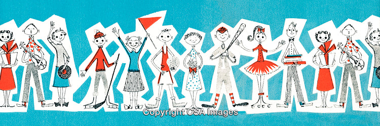 Colorful Retro Illustration of Diverse Characters in a Fun Group Scene