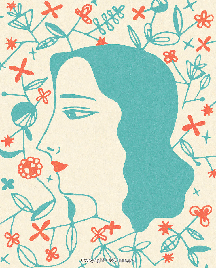 Abstract Portrait Illustration Incorporating Floral Patterns and Vibrant Colors