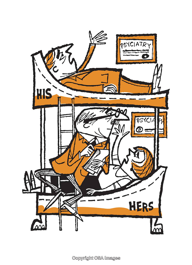 Humorous Illustration Depicting Psychiatric Interaction in a Dual-Level Setting