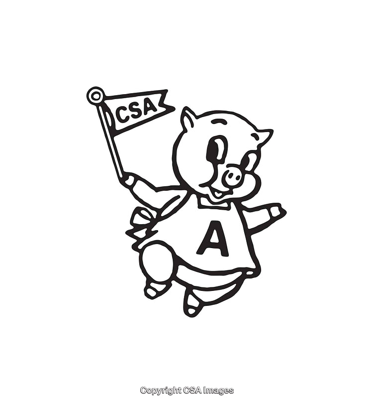 Black and White Line Art of Pig Mascot Holding CSA Flag