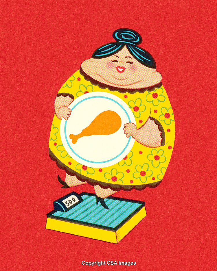 Colorful Illustration of Cheerful Woman on Scale Holding a Plate