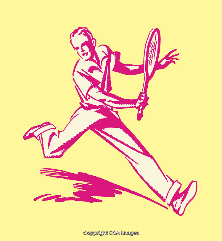 Vintage Line Art Illustration of a Man Playing Tennis in Action Pose