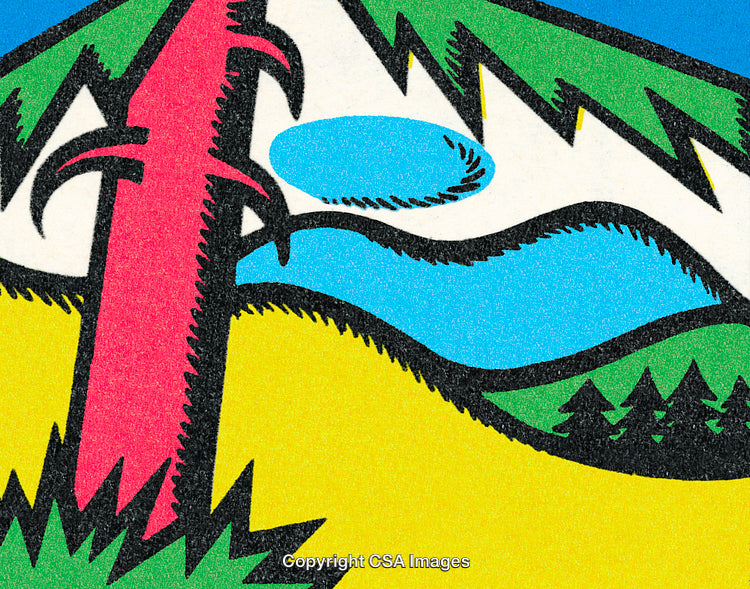 Colorful Graphic of Abstract Natural Landscape with Trees and Mountains