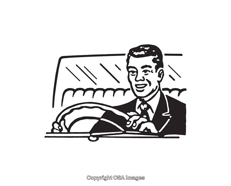 Retro Black and White Illustration of a Cheerful Man Driving Car