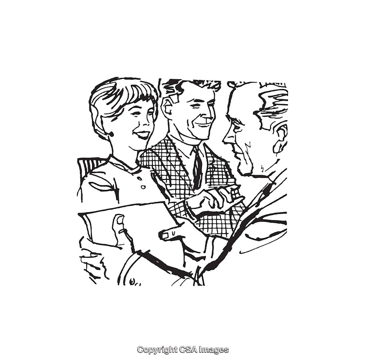 Vintage Line Art Illustration of People Interacting and Smiling Together