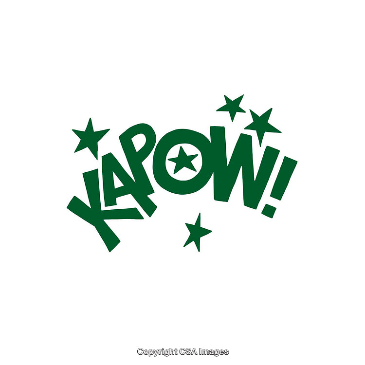 Green Comic Book Style Kapow Text With Stars on White Background