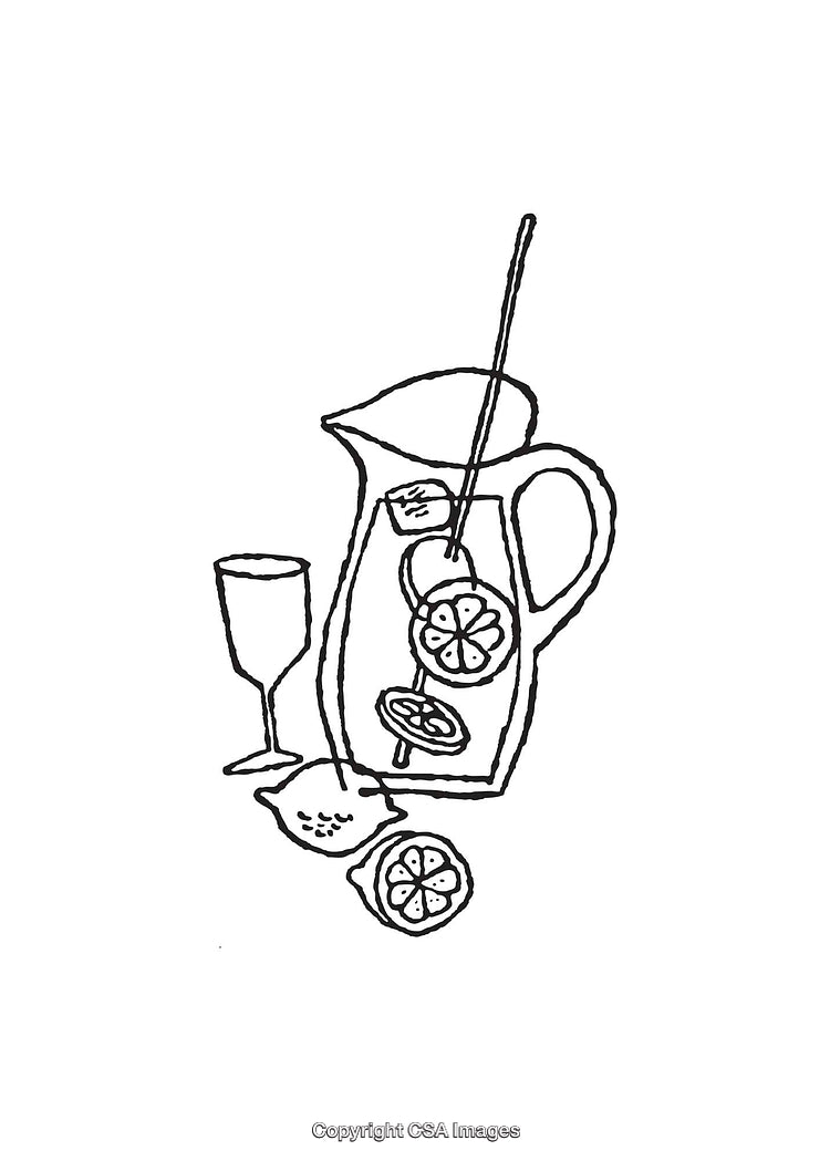 Black and White Line Art of Lemonade Pitcher with Lemons and Glass