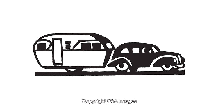 Black and White Line Art of a Car with Caravan