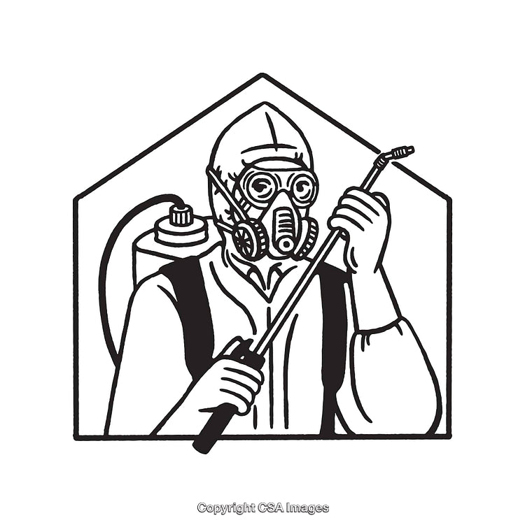Worker in Protective Gear Spraying Chemicals - Line Art Illustration