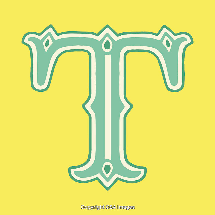 Ornate Green Letter T on Bright Yellow Background Illustration