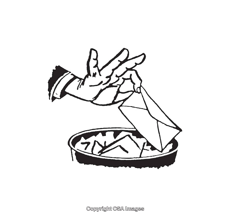 Black and White Line Art of Hand Placing Envelope in Container
