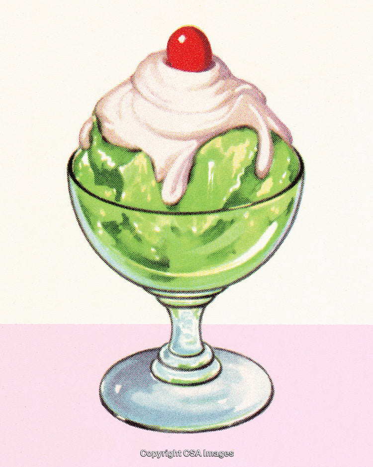 Retro Illustration of Green Ice Cream Sundae with Cream and Cherry