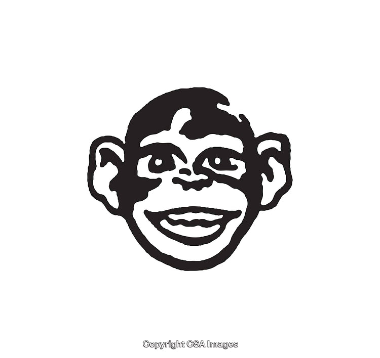Black and White Line Art Illustration of a Smiling Monkey Face
