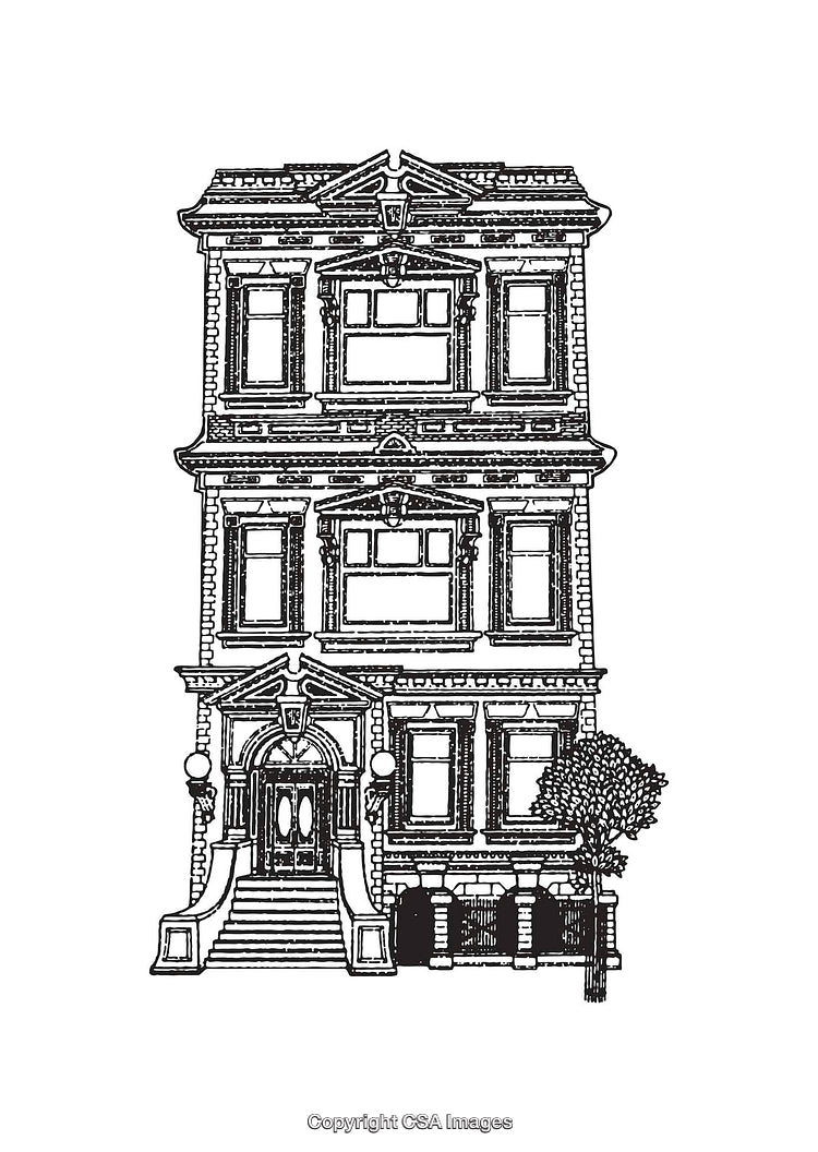 Detailed Line Art Illustration of a Historic Building with Ornate Architecture