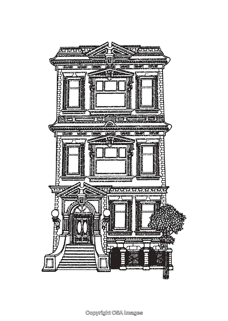 Detailed Line Art Illustration of a Historic Building with Ornate Architecture