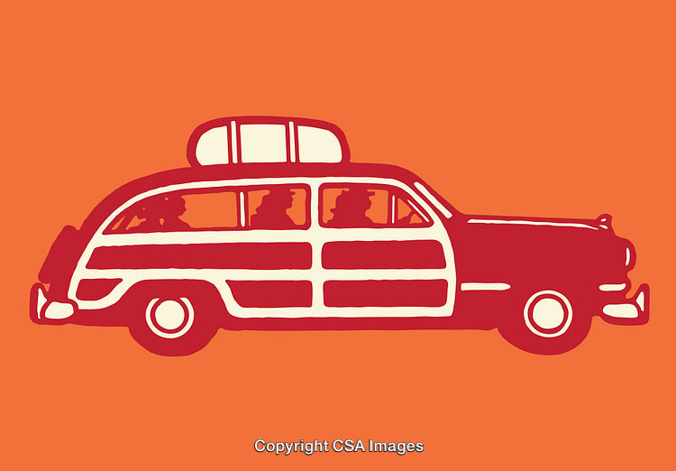 Retro Family Travel Car Vector Illustration With Bold Orange Background