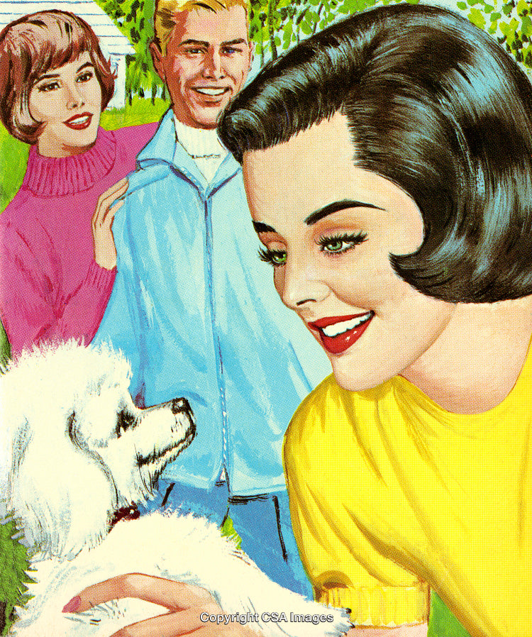 Retro Style Illustration of Smiling Friends and Woman with a Cute White Dog